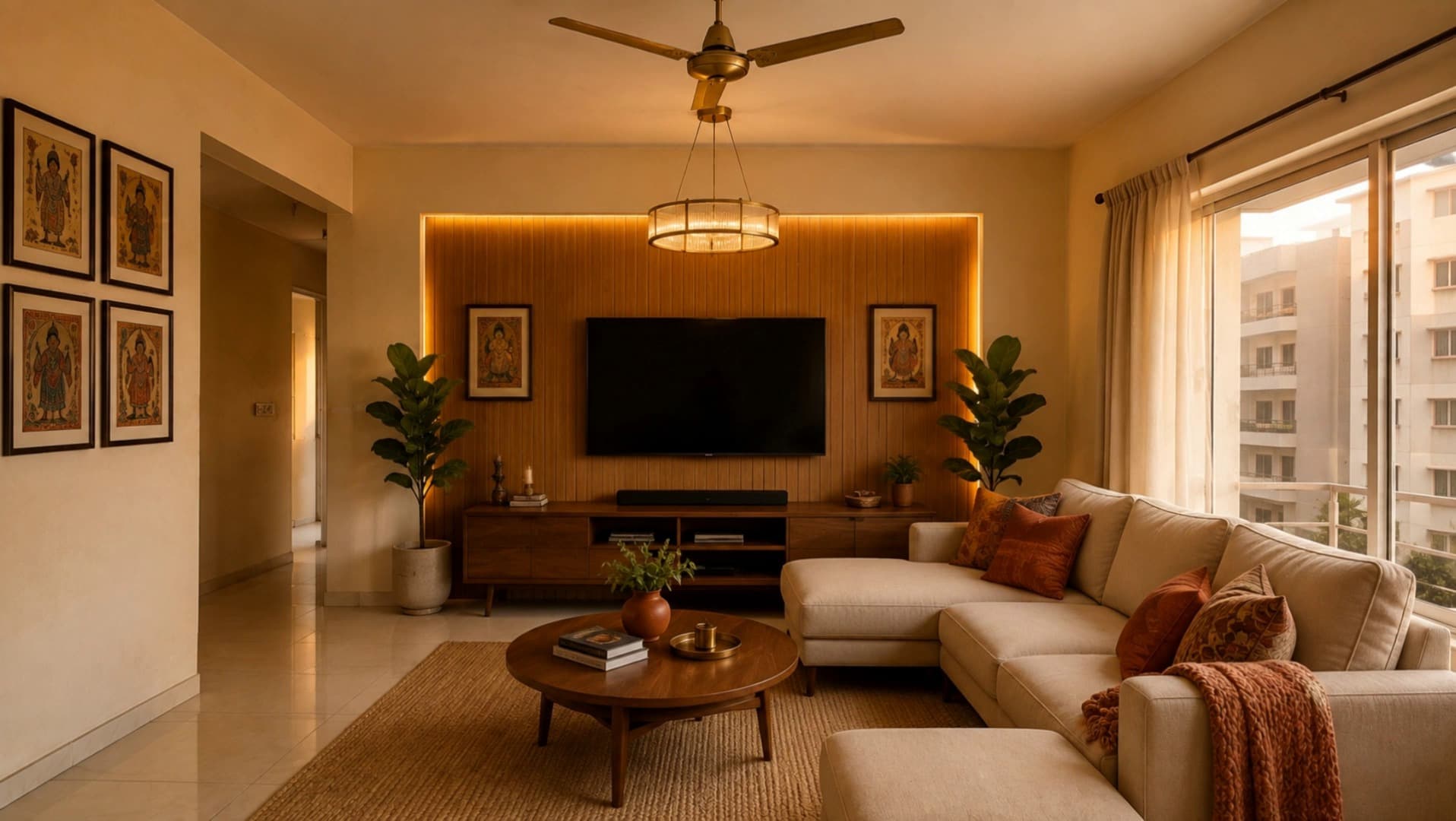 Modern living room interior design in Sholinganallur, Chennai by Home Admire